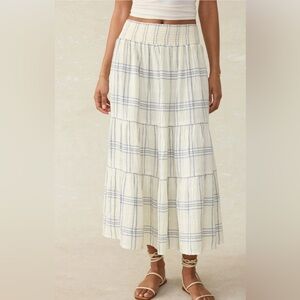 Faherty Dune cotton Gauze Woodstock Tiered Maxi Skirt Large Blue Cove Plaid Boho